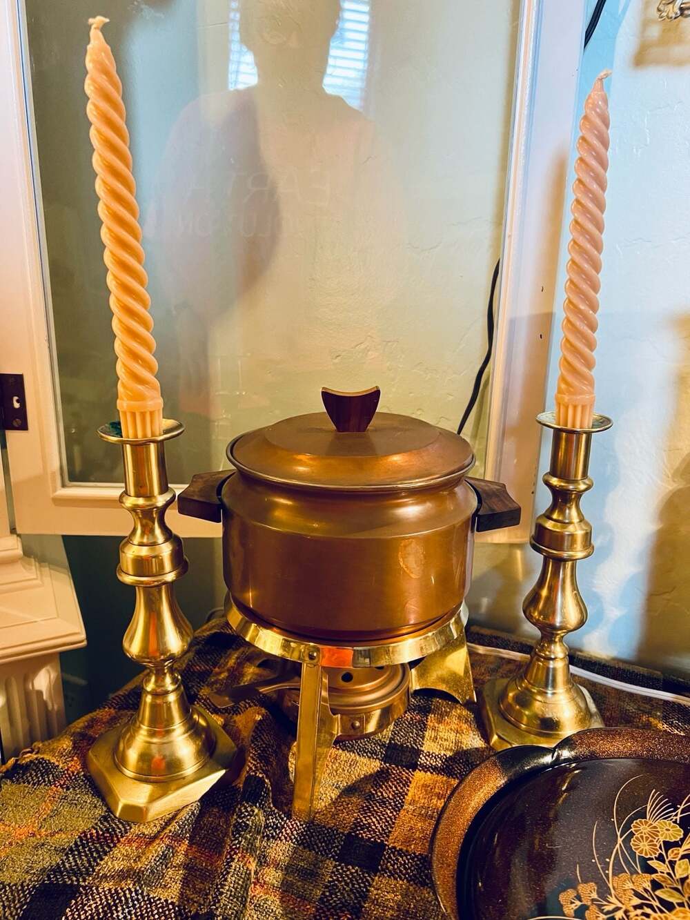 Vintage Mid-Century Copper and Brass Chafing Dish Set with Wood Accents